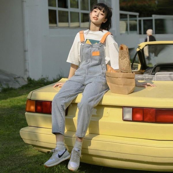 

women's jumpsuits & rompers woman's denim korean preppy style high waist trousers straight loose girly casual big pocket women ove, Black;white