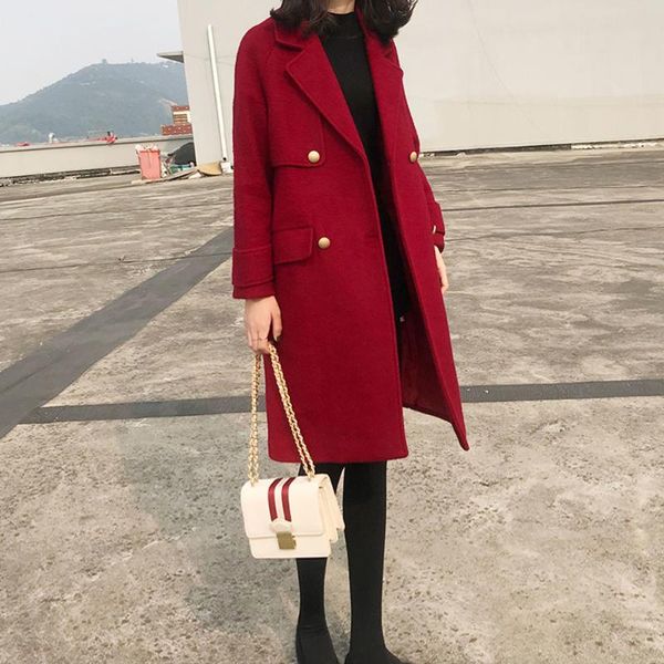 

women's wool & blends woolen coat mid-length autumn winter elegant large size s-4xl korean solid color plus cotton thick warm jacket, Black