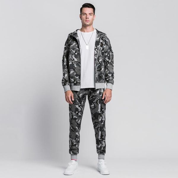 

men's tracksuits 2021 men camo jogger tracksuit set zipper hoodie+sweatpants 2 pieces casual sweatshirt male camouflage hoodies sportwe, Gray
