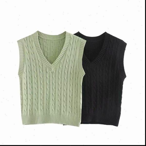 

2021 new women green black solid knitted sleeveless v neck sweater casual loose style female woman clothes, White;black