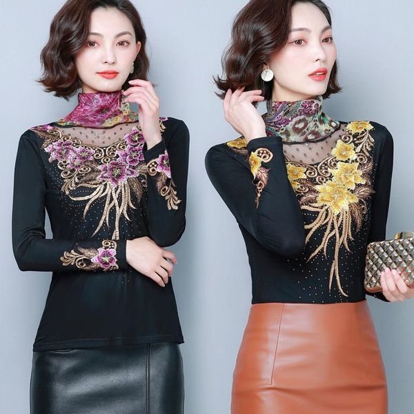 

women's blouses & shirts 2021 women autumn winter fashion mesh floral embroidery blouse lady elegant silm fleece elaticity all-math shi, White