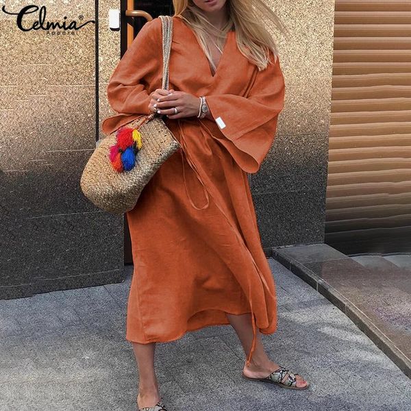 

casual dresses bohemian women midi dress celmia 2021 autumn v-neck long sleeve vintage shirt vestidos robe loose belted party, Black;gray