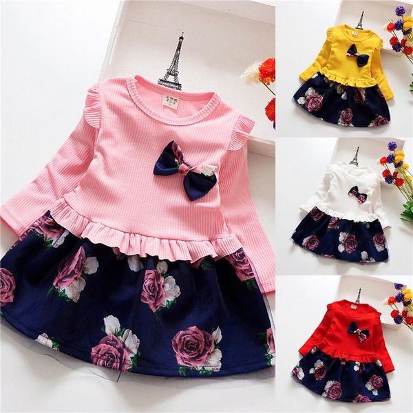 

girl's dresses spring autumn toddler girl dress print bow knot long sleeve baby floral casual kids girls fashion clothing clothes, Red;yellow