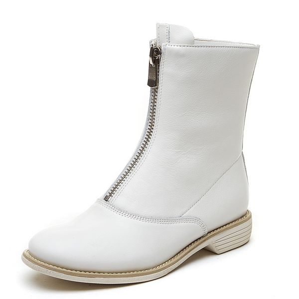 

Autumn Womens Boots Genuine Leather Flap Trend Front Zipper Ladies Shoes Boots Low Heel Ankle Boots Women Black White HOT, 15cm white singel