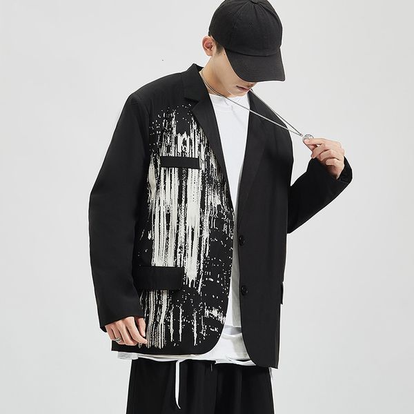 

loose casual autumn print large coat men's suit, White;black