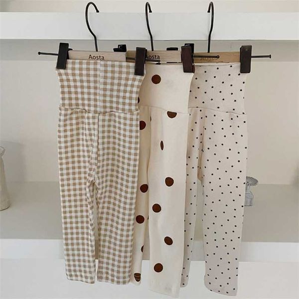 Pantaloni a vita alta con motivo a pois morbidi in cotone a tutta lunghezza per bambini in stile primavera e autunno 211028