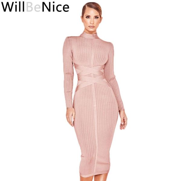 

casual dresses willbenice 2021 winter bodycon bandage dress women nude long sleeve midi club vestidos celebrity evening party, Black;gray