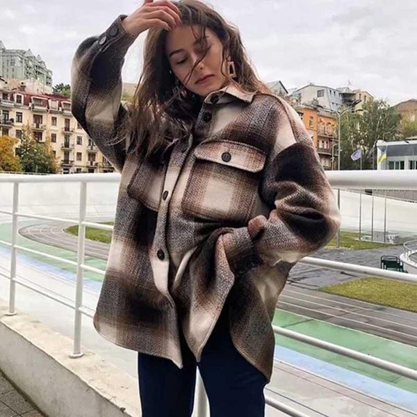 

boho inspired plaid jacket women colorblock streewear women jacket long sleeve shirt style thin coat winter clothes, Black;brown