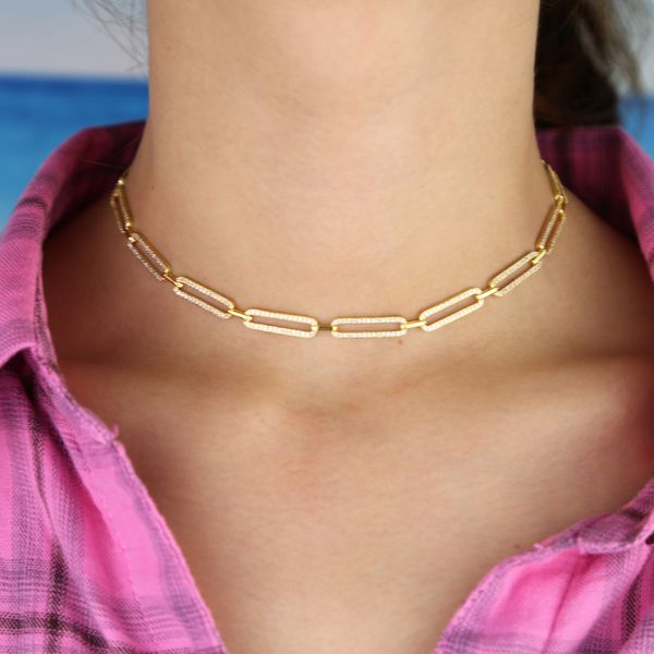 

iced out bling micro pave cz rectangle open link chain choker necklace for women gold rock hiphop curb cuban chain necklace, Silver