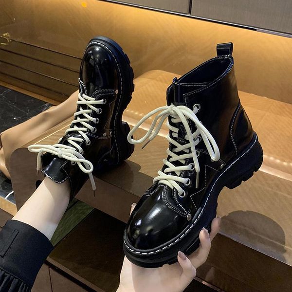 

boots autumn winter warm plush british flats fashion combat for women comfort platform shoes booties heels, Black