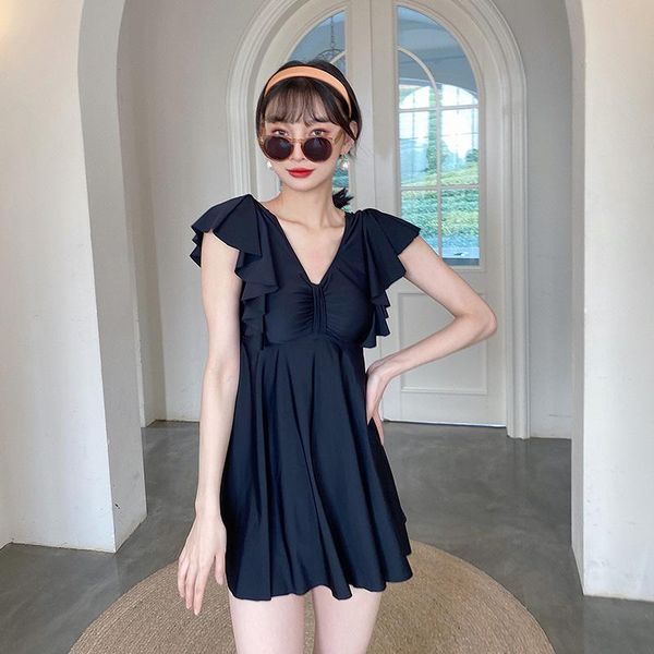 

korean bathing suit women plus size trendy one piece swimsuits dress push up vogue women's swimwear ruffle black fairy cute