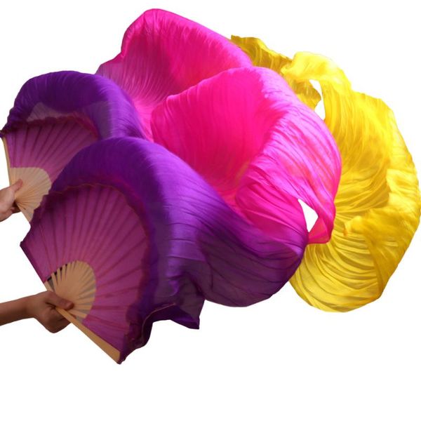 

2021 high selling 100% real silk veils 1 pair handmade women quality silk belly dance fan dance purple +rose+ yellow, Black;red