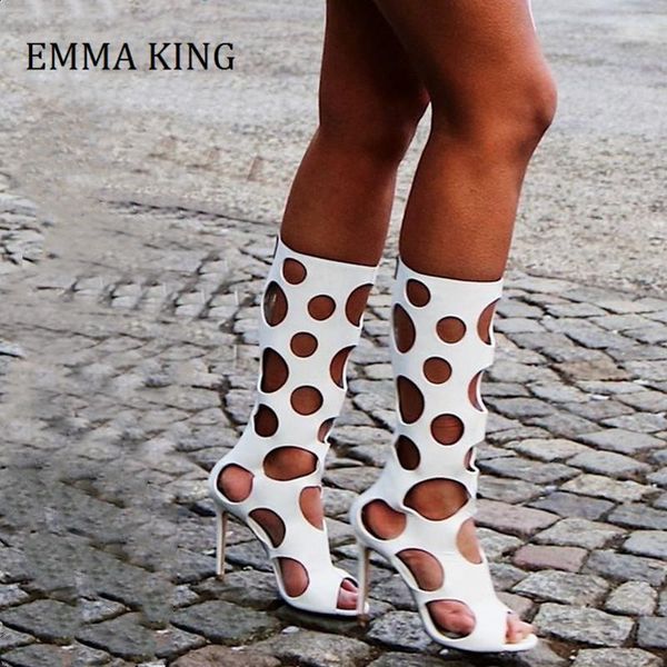 

sandals 2021 summer women cut out boots open toe circular hollow mid calf female night club stilettos short, Black