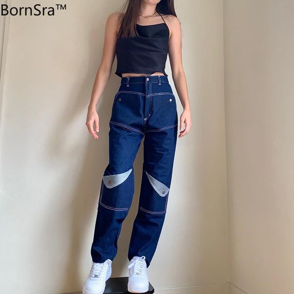

women's jeans bornsra 2021 spring style characteristic trousers splicing contrast bright line high waist straight pants unique pocket j, Blue