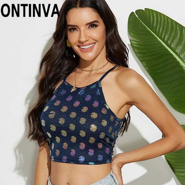 

ladies bling print floral tank summer shiny blue color vest casual t-shirt club wear camisoles for women 210527, White