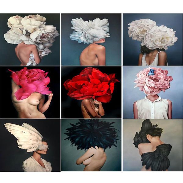 

paintings person obscured by flowers and feathers diy painting numbers portrait picture colour handpainted oil unique gift