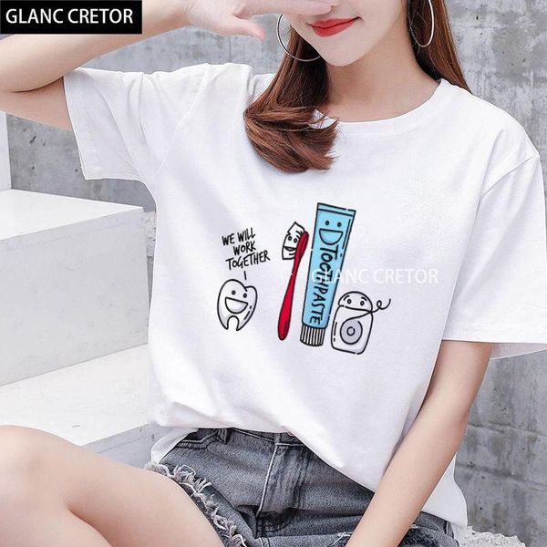 

women's t-shirt summer beautiful cartoon teeth dentist fashion clothes 90s harajuku kawaii short sleeves, White
