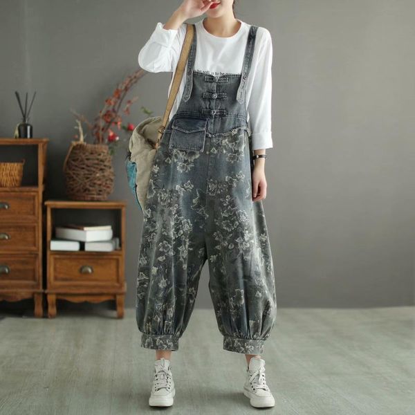 

women's jumpsuits & rompers 2021 spring autumn women large size loose denim overalls print button pocket vintage, Black;white