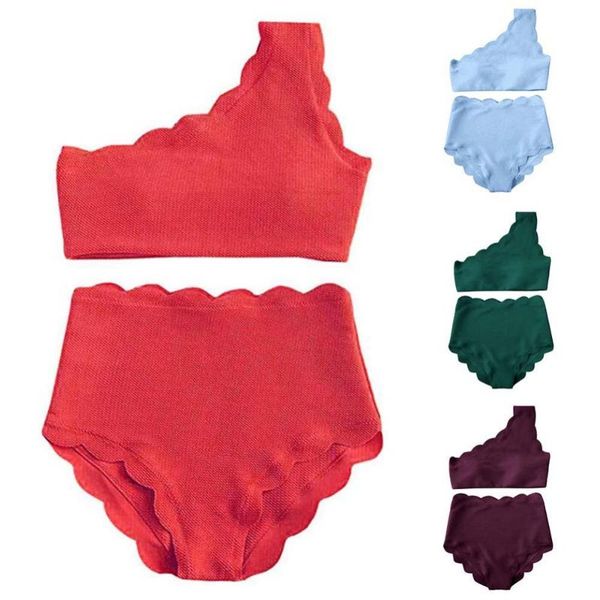 

women's swimwear solid bikini 2021 summer swimsuit women 2 pieces high waist one shoulder scalloped set, White;black