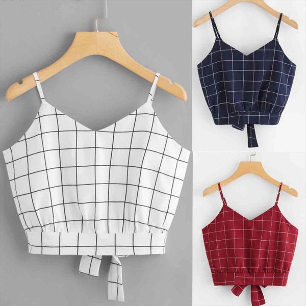 

self tie back v neck women tanks plaid crop sleeveless camisole blouse casual tank streetwear, White