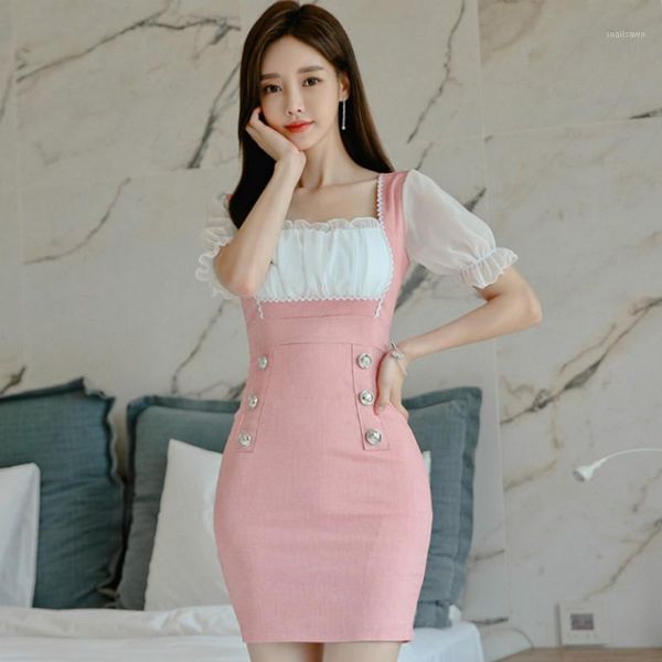 

korea cute cloth puff sleeve chiffon patchwork high waist mini bodycon sweet dresses casual, Black;gray