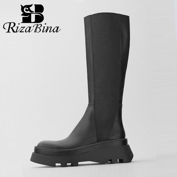 

boots rizabina women knee high winter shoes solid color fashion long round toe thick bottom footwear size 35-40, Black