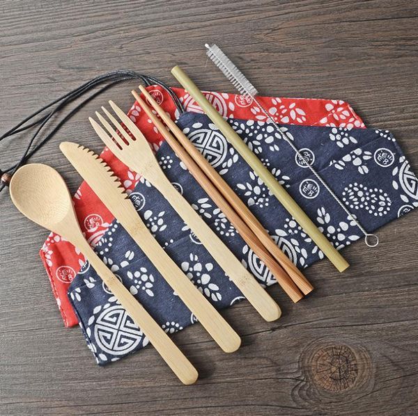 

dinnerware sets 100sets japanese bamboo cutlery set straw with cloth bag kitchen cooking tools sn2370