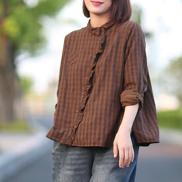 

women's blouses & shirts autumn blouse retro loose women casual shirt 2021 turn-down collar button plaid vintage, White