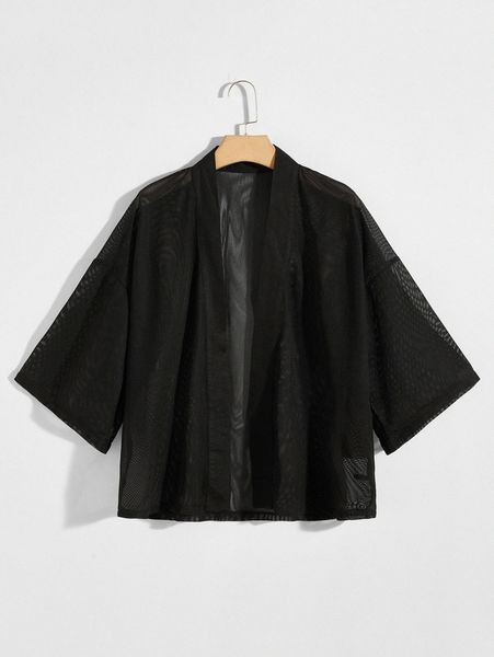 

men drop shoulder open front sheer mesh shirt w9u6#, White;black