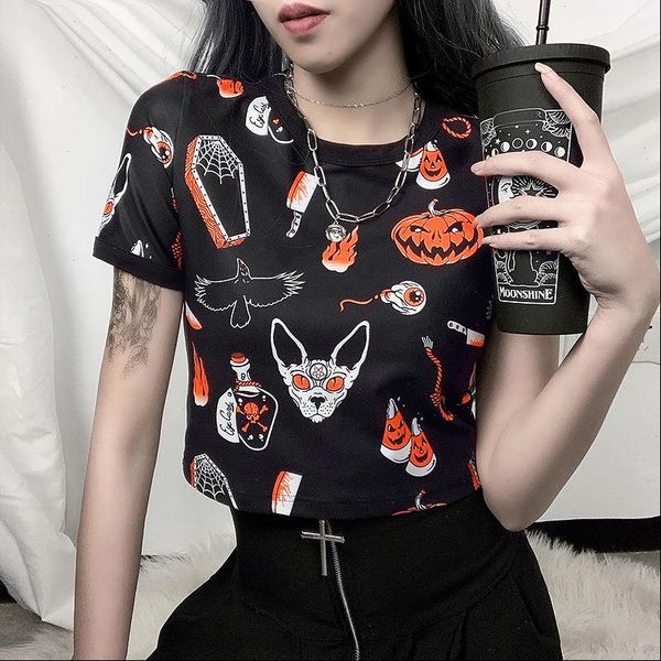 

halloween pattern pumpkin print high waist cropped short t shirts women girls summer punk gothic round neck t shirts tees, White