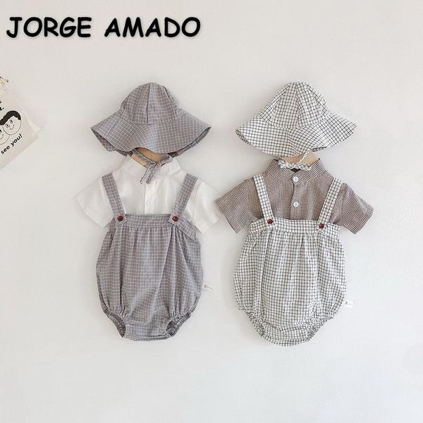 

clothing sets 2021 summer kids girls 3-pcs solid color shirts + sling plaid bodysuit cap casual style children clothes e2193, White