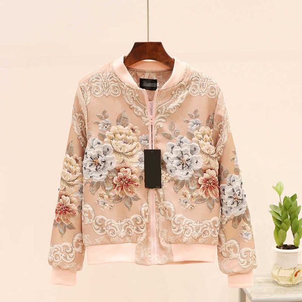 

women vintage beading short jacket fashion floral embroidery zipper coats and jackets ladies long sleeve spring autumn outerwear 210602, Black;brown