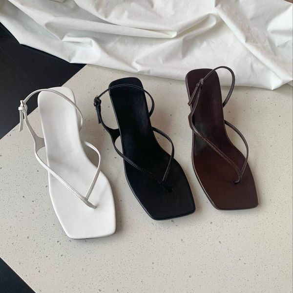 

sandals 2021 concise women genuine leather shoes flip-flop slingback square toe heels, Black