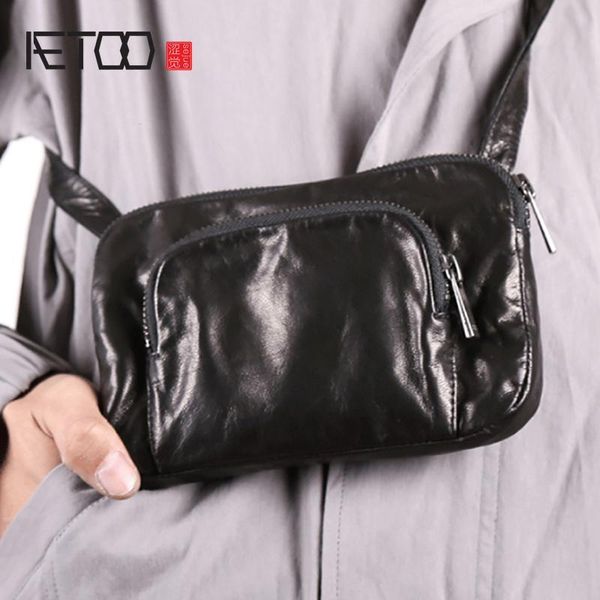 

HBP AETOO Leather Handmade Single Shoulder Oblique Cross Casual Mini Bag Goatskin Shoulder Mobile Phone Bag Male and Female General, Black