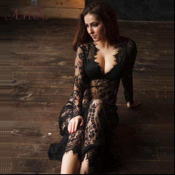 

women black lace dress sleepwear floor length white see through dress adjust waist hollow out vestido maxi plus size, Black;gray