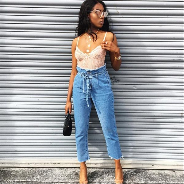 

autumn denim high waist belt women jean femme streetwear tassel straight cowboy pants mom, Blue