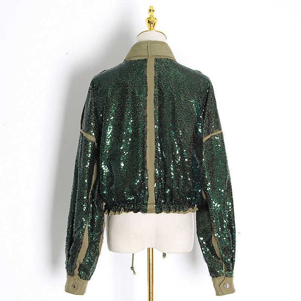

twotwinstyle patchwork sequin jackets for women turtleneck long sleeve drawstring coats female autumn fashion new clothes 201013, Black;brown
