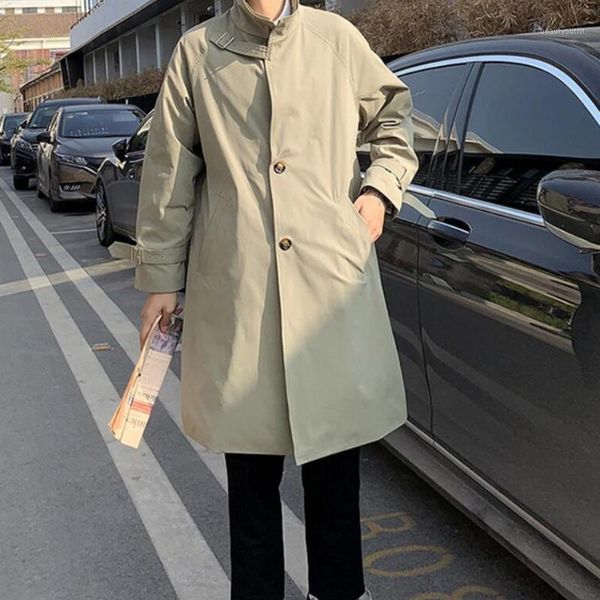 

men's trench coats autumn coat fashion casual long men streetwear korean loose oversize windbreaker jacket mens overcoat s-3xl, Tan;black