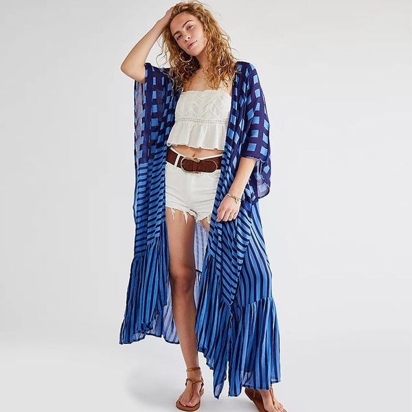 

women's swimwear rinabe plaid print pareo 2022 loose cardigan women sunscreen robe see-through kaftan short sleeve striped cover-ups be, White;black