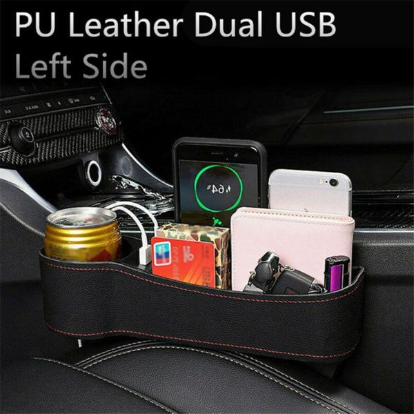

car organizer left side storage box crevice seat w/2 usb port beige 1pc