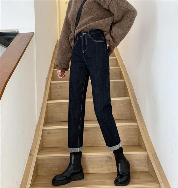 

women's jeans 3497 hong kong-flavored small tall high-waisted slim nine-point straight tube with curled edges, Blue