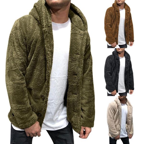 

mens buttons coat warm faux fur winter casual loose double-sided plush hoodie fluffy fleece fur jacket hoodies coat outerwear, Black;brown
