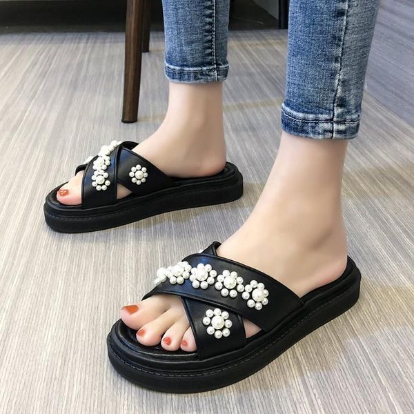 

slippers vogue summer beach platform women fashion pearl strap flat sandals woman comfortable soft sole open toe ladies slides, Black