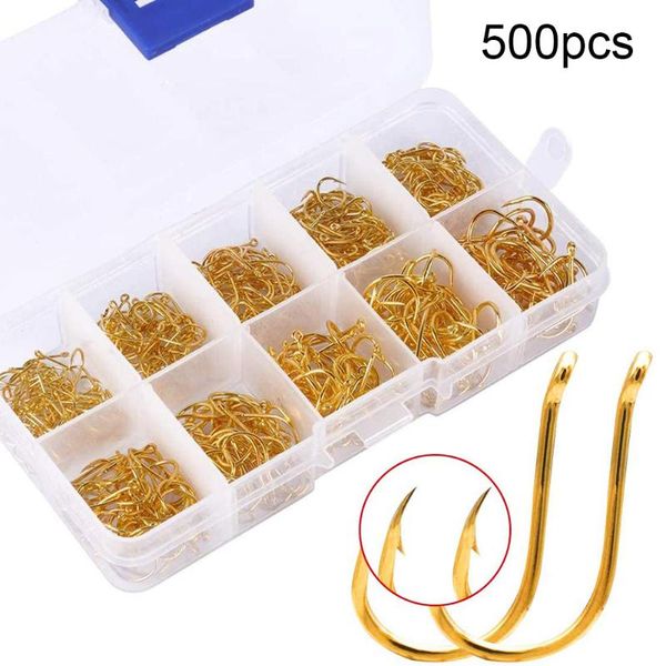 

500pcs/set golden high carbon steel fishhook have 10 sizes with tackle case suitable for lake and ocean boat fishing in stock