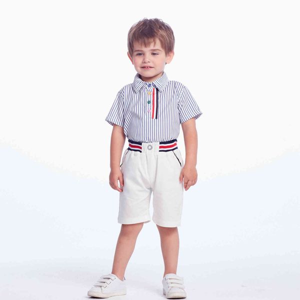 

set spring and summer boys' short sleeve set striped shirt color button children's clothing ready to go, White