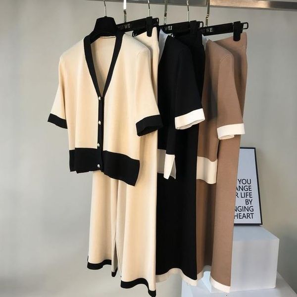 

women knit cardigans loose pants sets v neck single breasted wide leg trousers suits for woman, Gray