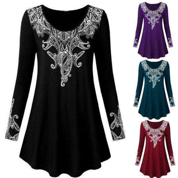 

women's blouses & shirts women fashion o-neck long sleeves floral printed plus size loose blouse beach tunic summer clothes, White