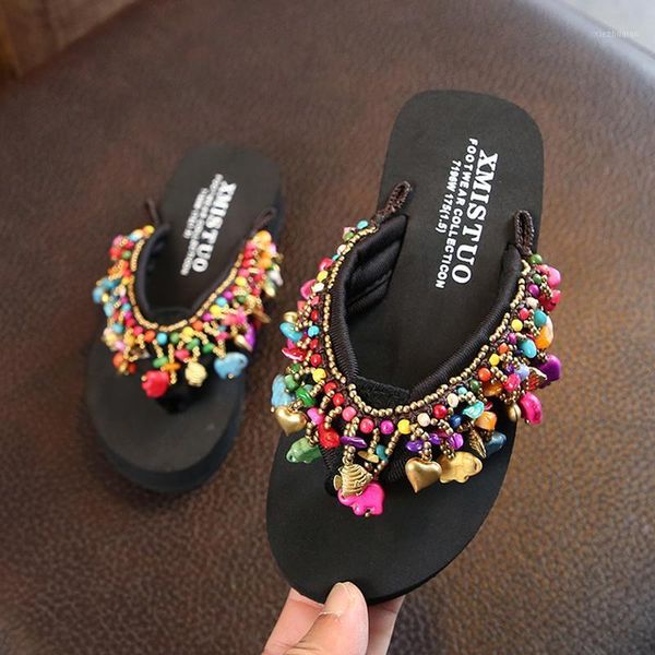 

slipper summer childrens slippers girls princess tassel flip flops parent child shoes bohemia beach non-slip floor 25-42#1, Black;grey