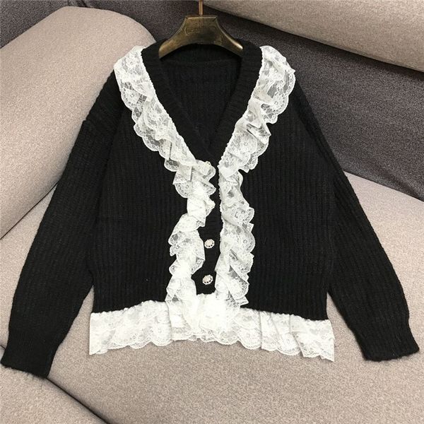

2021 new autumn elegant ruffles v-neck knitted women retro long-sleeved cardigan ladies casual loose sweater 1tt2, White;black