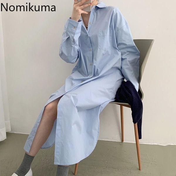 

casual dresses nomikuma maxi dress women turn down collar long sleeve shirt solid color single breasted korean style robe femme, Black;gray